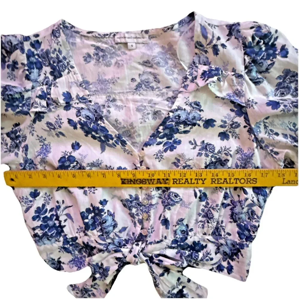 Cupcakes & Cashmere Jerome Cropped Linen Top Womens Sz S Blue Toile Puff Sleeve